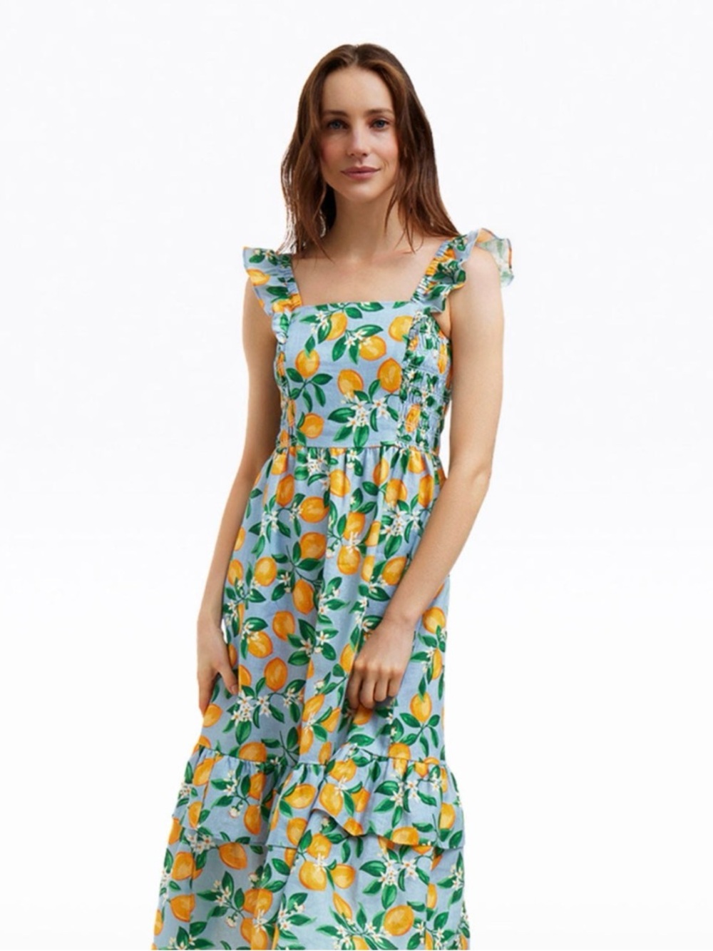 Draper James Blue Lemon Blossom Print Carrie Midi Dress Medium NWT
